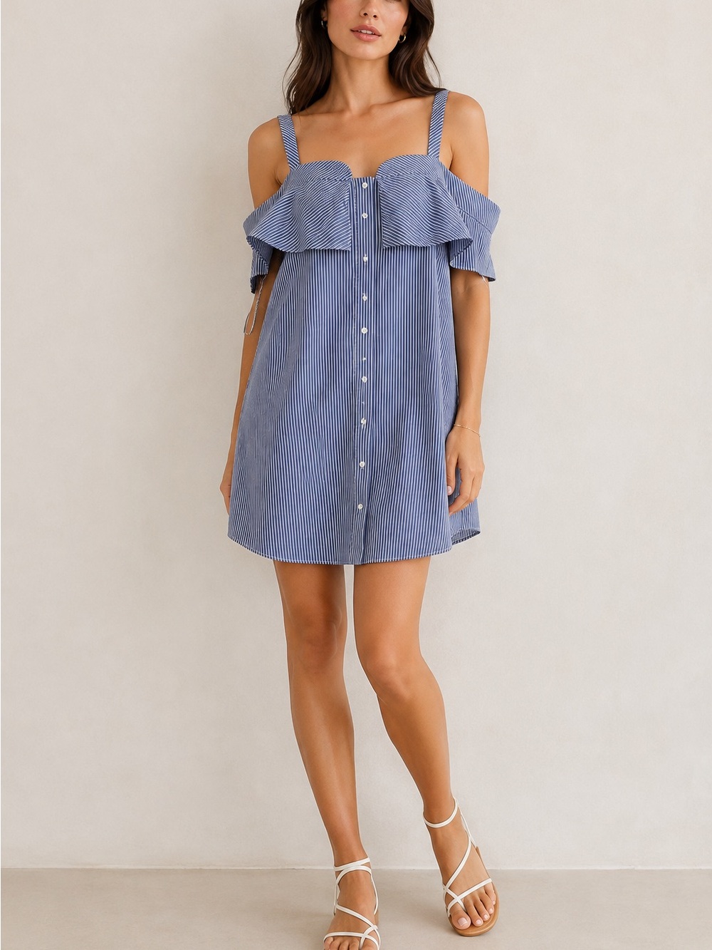 N/Nicholas Blue White Stripe Off Shoulder Ruffle Button Front Mini Dress Size 0